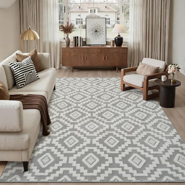 8 ft. x 10 ft. Gray/White Modern Diamond Geometric Washable Microfleece Area Rug