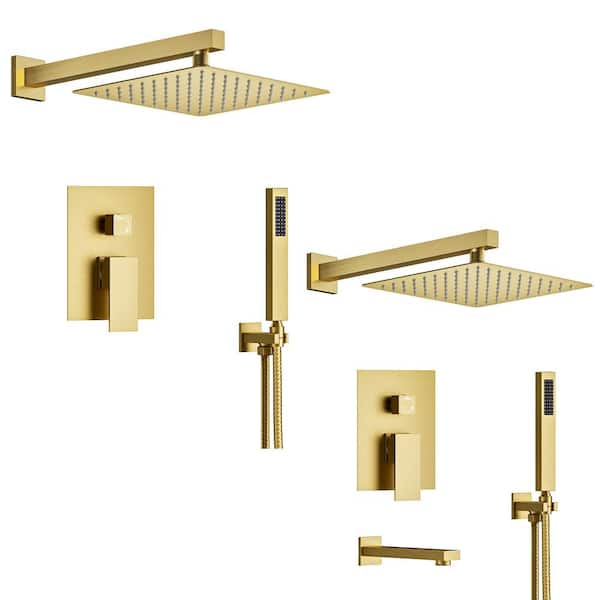 YAWWALK 10 in. Wall Mount Single Handle 2-Spray Tub and Shower Faucet Set in Brushed Gold (Valve Included)