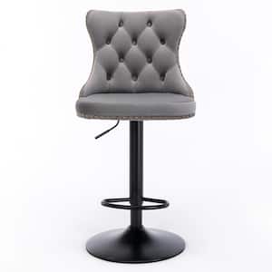 45.60 in. Gray Button Tufted Wingback Metal Adjustable Velvet Upholstered Bar Stool, Side Chair w/ Footrest (Set of 2)
