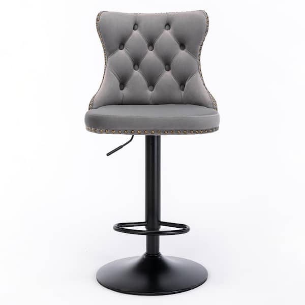 URTR 45.60 in. Gray Button Tufted Wingback Metal Adjustable Velvet Upholstered Bar Stool, Side Chair w/ Footrest (Set of 2)