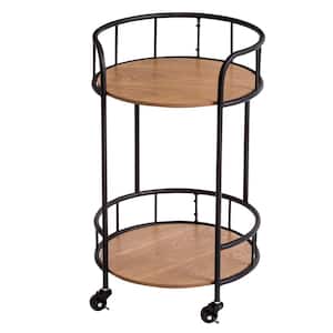 Black and Natural 2-Tier Round Side Table With Wheels