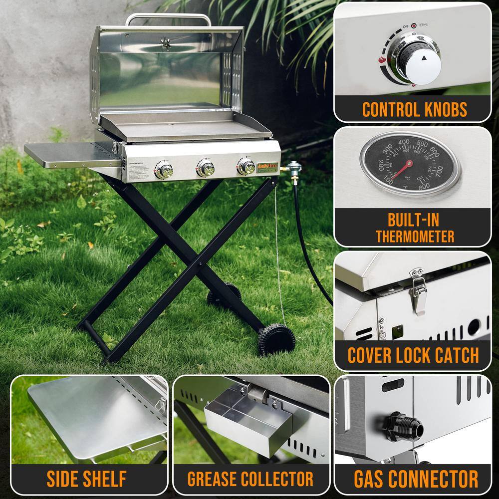 Stainless Steel 3-Burner Portable Propane Gas Grill with Cart