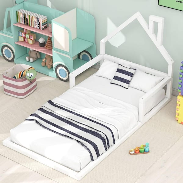White Wood Frame Twin Size Platform Bed with House-Shaped Headboard