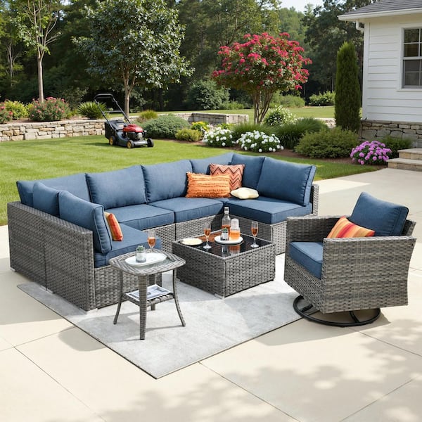 Daffodil F Gray 9-Piece Wicker Outdoor Patio Conversation Set with a Swivel Rocking Chair and Denim Blue Cushions