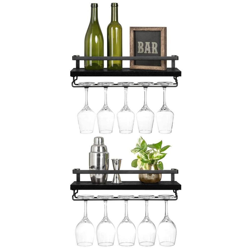 2-Piece 17 in. Black Wood Wall Mounted Wine Glass Rack with Stemware Hanger, Wine Bottle Glass Display Storage Holder