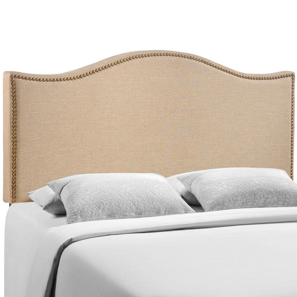 Beige Linen Upholstered Queen Headboard with Nailhead Trim