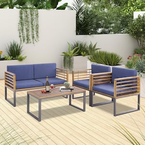 4-Piece Acacia Wood Conversation Set with Navy Blue Cushion and Soft Seat