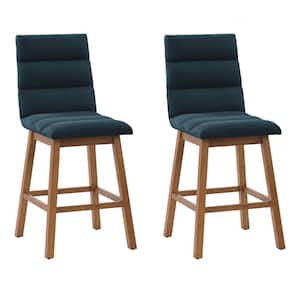 Boston 27 in. Navy Blue Full Back Wood Counter Height Channel Tufted Fabric Barstool (Set of 2)