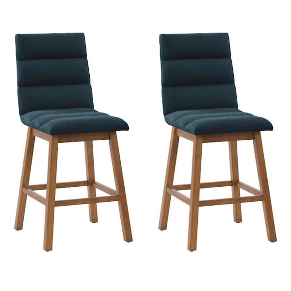 CorLiving Boston 27 in. Navy Blue Full Back Wood Counter Height Channel Tufted Fabric Barstool (Set of 2)