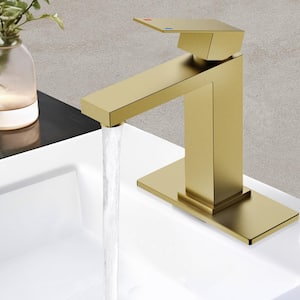Single Handle Single Hole Bathroom Sink Faucet with Deck plate, Pop-up Drain and PEX supply line in Brushed Gold