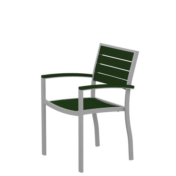 POLYWOOD Euro Textured Silver Aluminum/Plastic Outdoor Dining Arm Chair in Green Slats