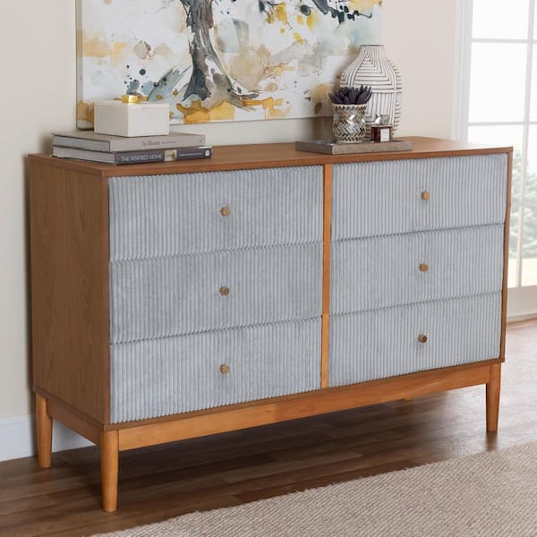 Taylin Grey Corduroy and Oak Brown Wood 6-Drawer 47.2 in. Dresser