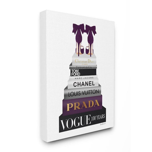 "Fashion Designer Shoes Bookstack Purple Gold Watercolor" by Amanda Greenwood Canvas Wall Art 24 in. x 30 in.