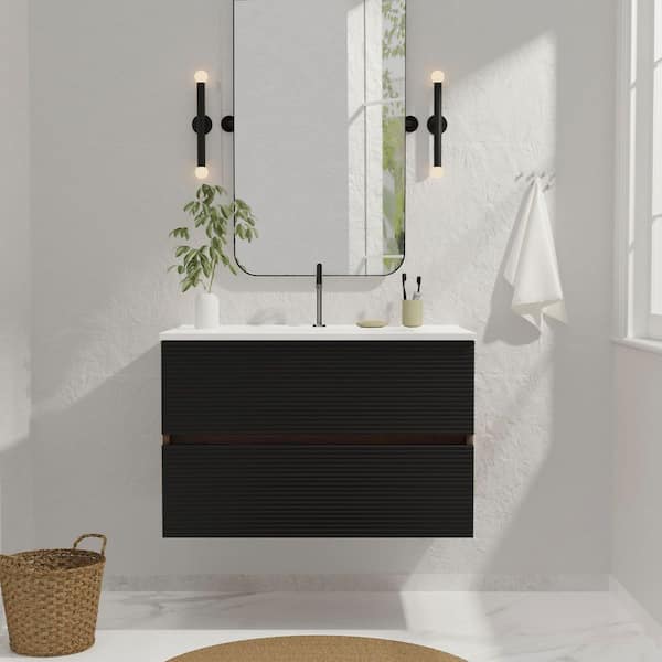 30 in. Wall-Mounted Floating Bath Vanity in Walnut and Black with Single Ceramic Sink Top in White