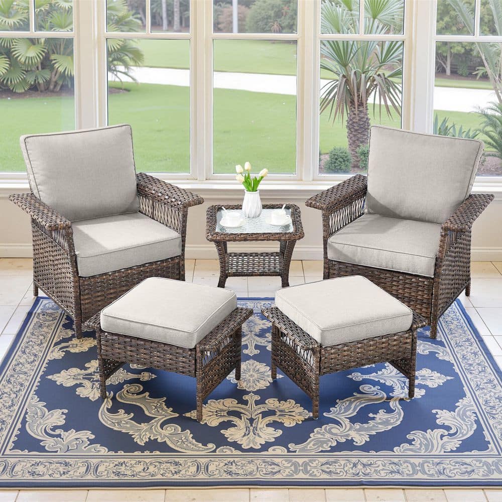 GliderNet Brown 5-Piece Wicker Armchairs Patio Conversation Set with 3.5 in. Thick Beige Cushions and Ottomans price history on PriceWatchPro