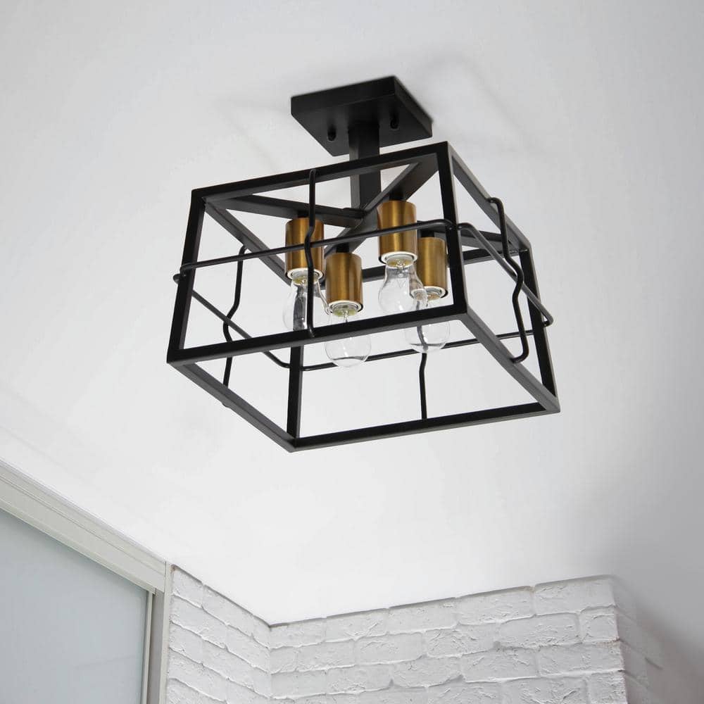 Industrial Black Metal Square Semi Flush Mount Ceiling Fixture with LED Lights