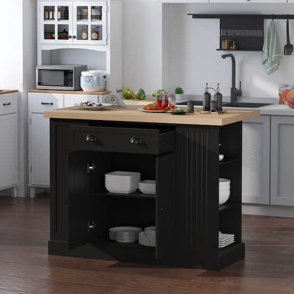 Homcom Fluted Style Wooden Drawer Open, Nantucket Black Kitchen Island With Granite Top