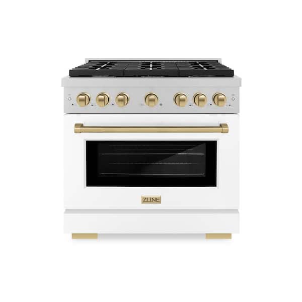 ZLINE Kitchen and Bath Autograph 36 in. Paramount Gas Range with 6 Burners and Convection Gas Oven in Satin Steel with White and Bronze Accents