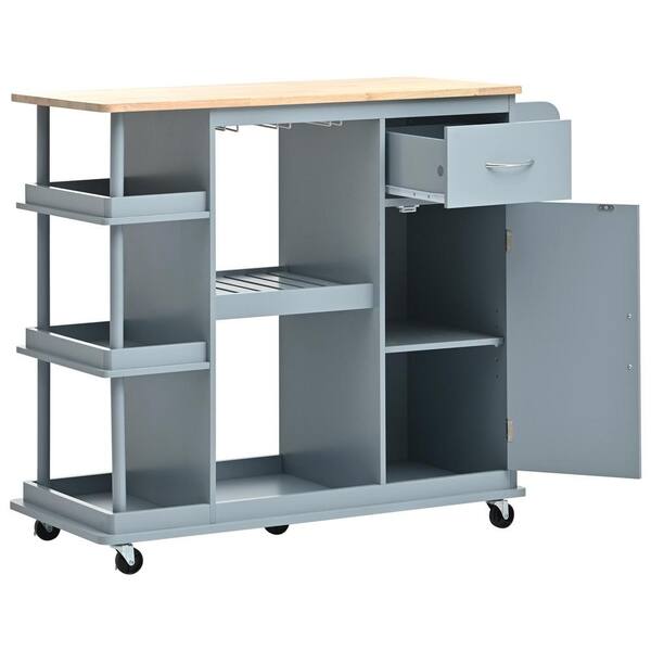 ANTFURN 40 in. W x 17.50 in. D Blue Wood Kitchen Cart with Drawers; Locking Casters; Shelf; Spice Rack; Wheels