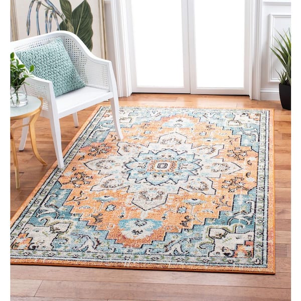 Madison Orange/Teal Doormat 2 ft. x 4 ft. Border Geometric Floral Medallion Area Rug