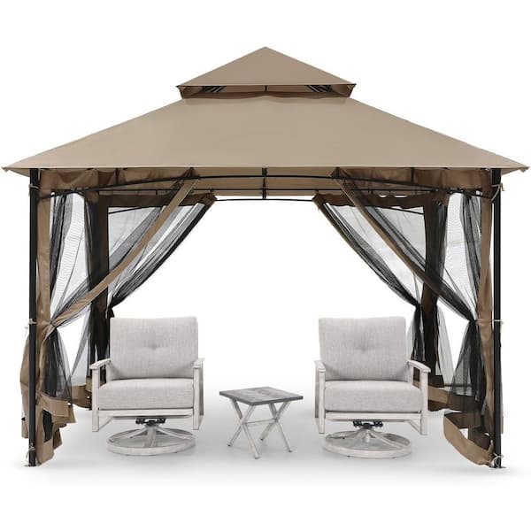 Khaki 12 ft. x 12 ft. Steel Frame Outdoor Patio Gazebos Party Tent Event Canopy with Double Roofs and Mosquito Netting