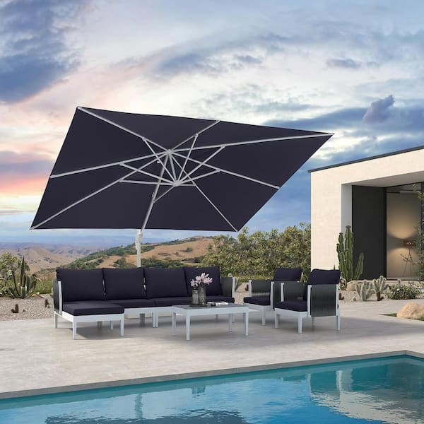 PURPLE LEAF 10 ft. x 13 ft. Outdoor Patio Cantilever Umbrella White Aluminum Offset 360° Rotation Umbrella in Navy Blue
