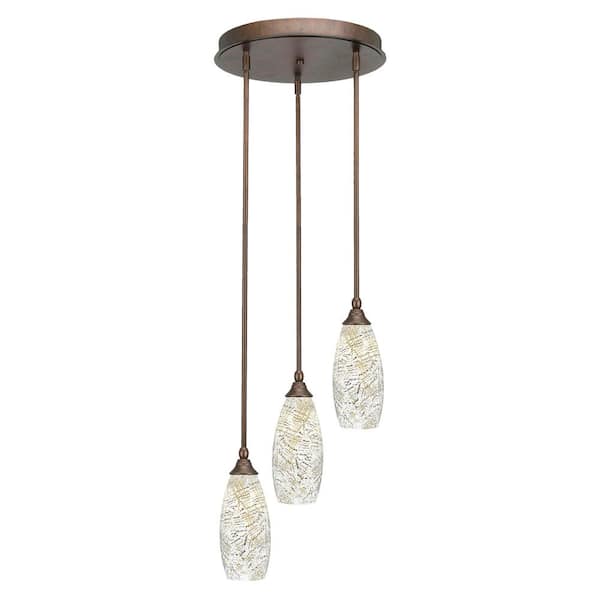 Unbranded Villa 60-Watt 14.25 in. 3 Light Bronze Stem Pendant Light with 5.5 in. Natural Fusion Glass Shade No bulbs included