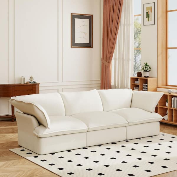 Cloud 123 in. Flared Arm Reversible 3-piece Linen Modular Sectional Sofa with Detachable Covers in White for Living Room