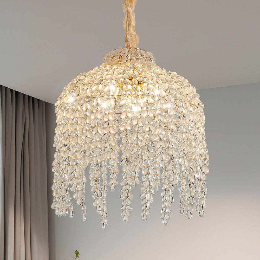 Elegant 5 Lights 16 in. Gold Finish Crystal Pendant Light Chandelier Waterfall Grape Shaped Crystal Bead Strings price history on PriceWatchPro