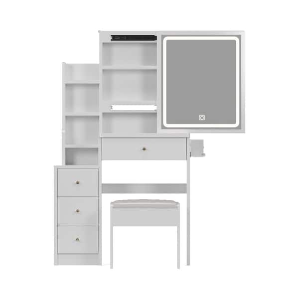CSC DECOR INC White 4 drawer 29.2 in. W Dresser with Mirror, Small Space Left Bedside Cabinet Vanity Table + Cushioned Stool