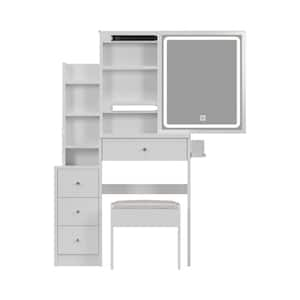 White 4 drawer 29.2 in. W Dresser with Mirror, Small Space Left Bedside Cabinet Vanity Table + Cushioned Stool