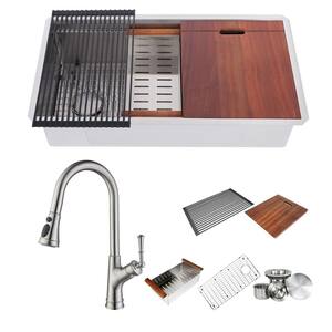 Brushed Stainless Steel 36 in. Single Bowl Undermount Workstation Kitchen Sink with Faucet