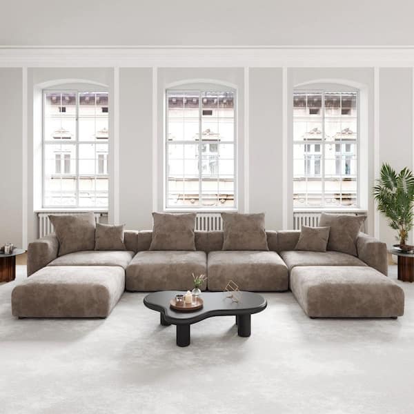 Magic Home Modern 181 in. Square Arm Corduroy Modular Oversized Floor Sofa U-shaped Couch with Ottoman, Removable Covers in Brown