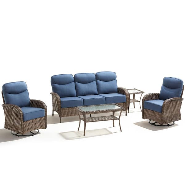 High Crescent 5-Piece Brown Wicker Patio Conversation Set with Blue Cushions