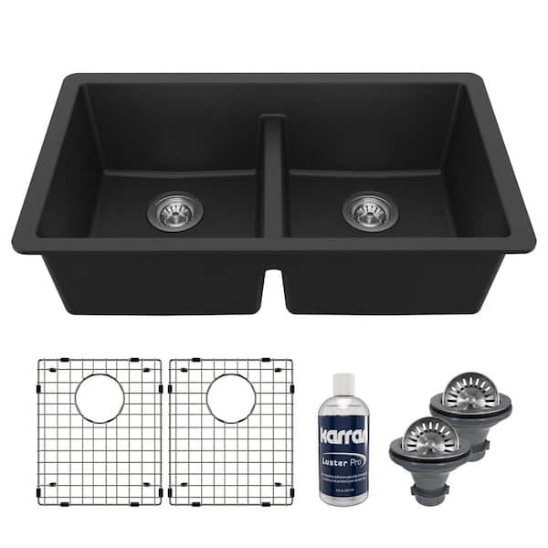 QU-810 Quartz/Granite 32 in. Double Bowl 50/50 Undermount Kitchen Sink in Black with Bottom Grid and Strainer