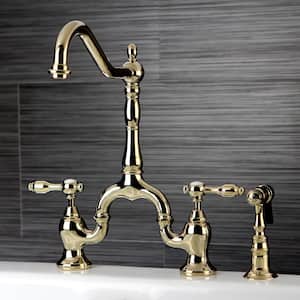 Tudor 2-Handle Bridge Kitchen Faucet with Side Sprayer in Polished Brass