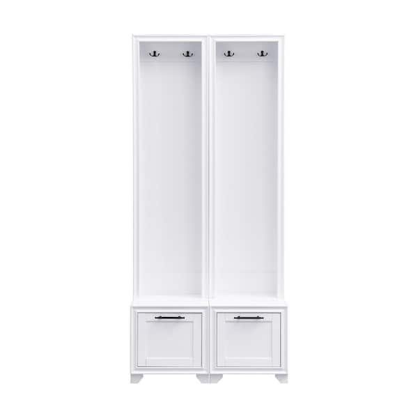 Elegant White 15.7"W x 70.8"H Narrow Hall Tree with 2 Hooks & 1 Drawer, Set of 2