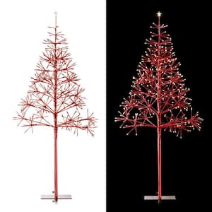 53/61 in. Tall Indoor/Outdoor Artificial Festive Christmas Tree with LED Lights, Red