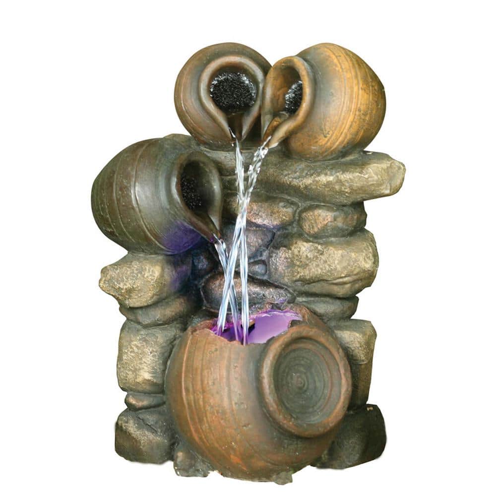 Rustic Brown Polyresin 3-Jug Water Fountain with LED Light