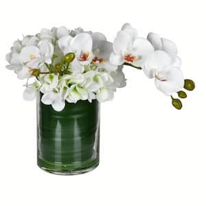 11 in. White Artificial Orchid Floral Arrangement in Glass Pot