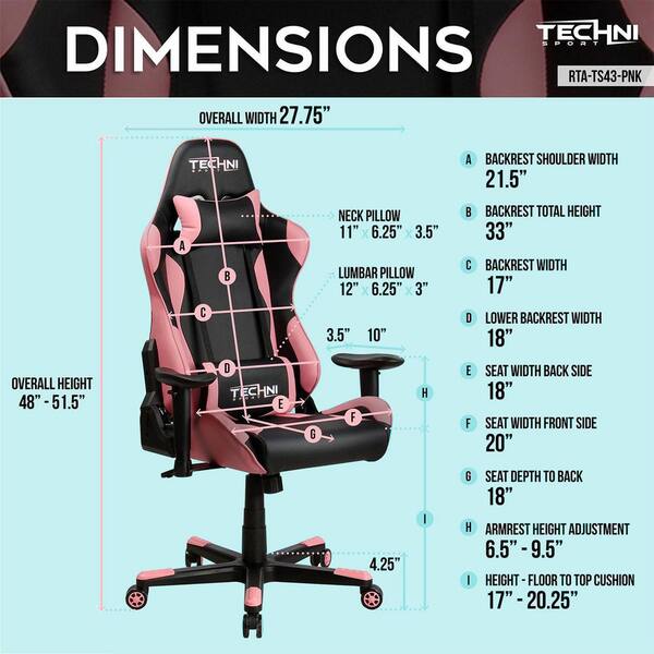 J&E Home Pink Memory Foam Seat Gaming Chair with Adjustable Arms