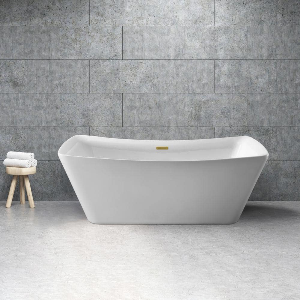 62" Glossy White Acrylic Freestanding Soaking Bathtub with Brushed Gold Hardware