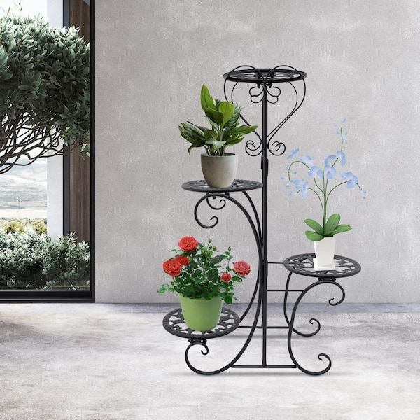 YIYIBYUS 32.3 in. Tall Indoor/Outdoor Black Metal Plant Stand (4