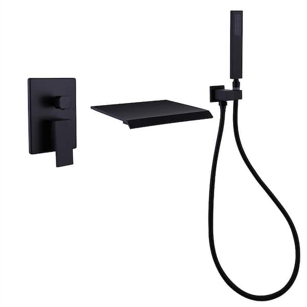 WELLFOR Single-Handle Wall Mount Roman Tub Faucet with Hand Shower and Waterfall Spout in Matte Black (Valve Included)