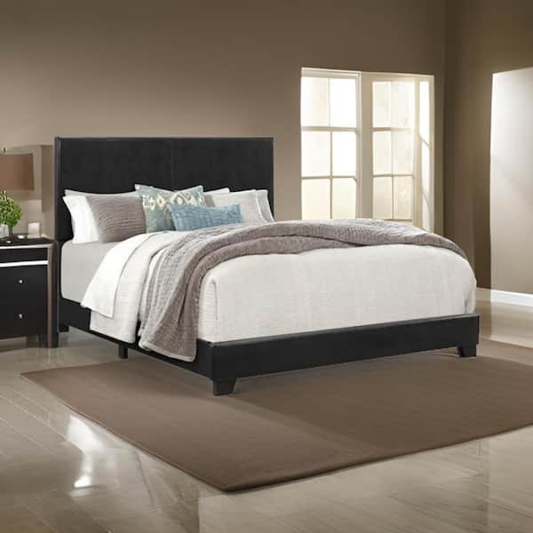 Benjara Black Wood Frame King Platform Bed with Upholstered Headboard