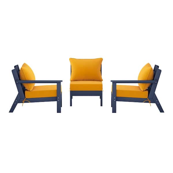 Birchwood Navy Blue Arrangeable 3-PC HDPE Deep Seating Outdoor Patio Conversation Sofa Armchair Set w/Yellow Cushions