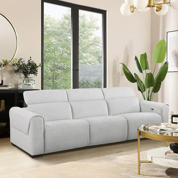 Lazzara Violetta 115.5 in. W Pillow Top Arm Chenille Fabric Rectangle Power Double Reclining Sofa in Cloud with Power Headrests