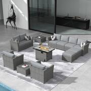 Vesta Gray 13-Piece Wicker Outerdoor Patio Rectangular Fire Pit Set with Dark Gray Cushions