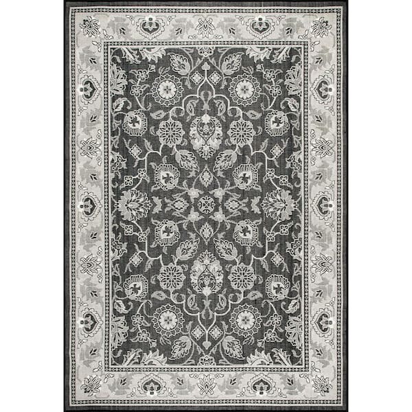 nuLOOM Keyla Transitional Floral Black 6 ft. 7 in. x 9 ft. Indoor/Outdoor Patio Area Rug