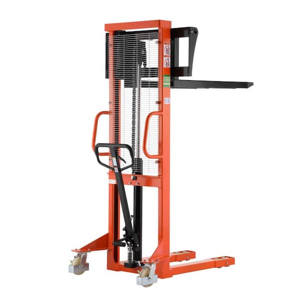 TORY CARRIER 2200 lbs. Fixed Legs Manual Pallet Stacker 63 in. Max Lifting Hand Pallet Stacker with Adjustable Forks Orange